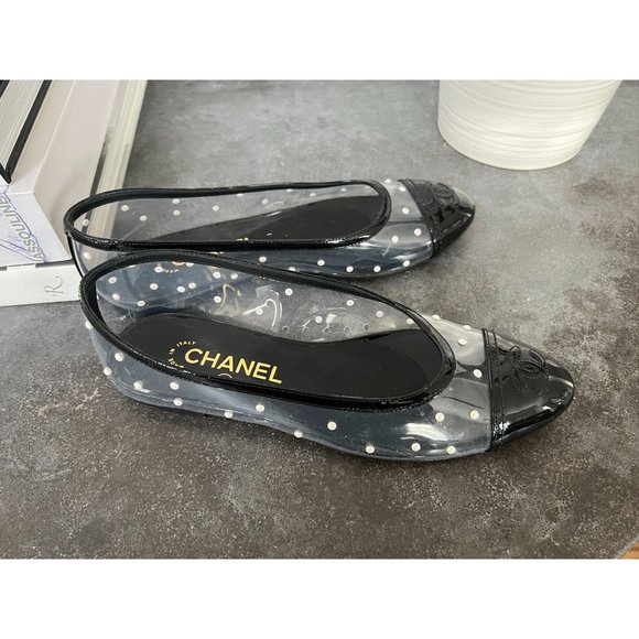 CHANEL CC Logo Clear PVC Pearl Flats 37.5 - Picture 6 of 8
